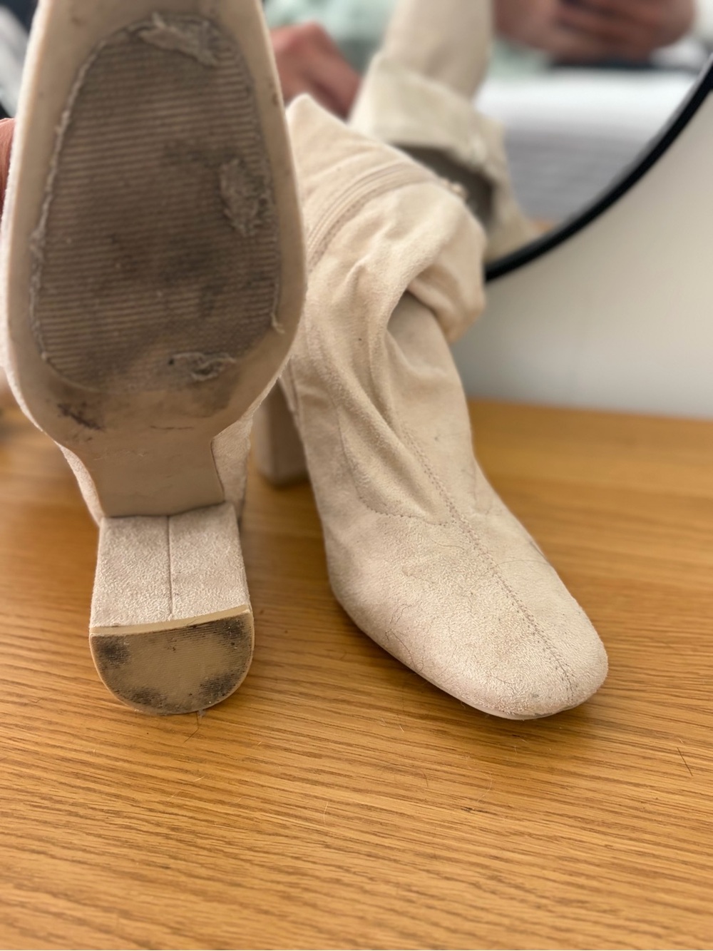 Beige Suede Slouchy Block Heel Boots - Picture 2 of 3